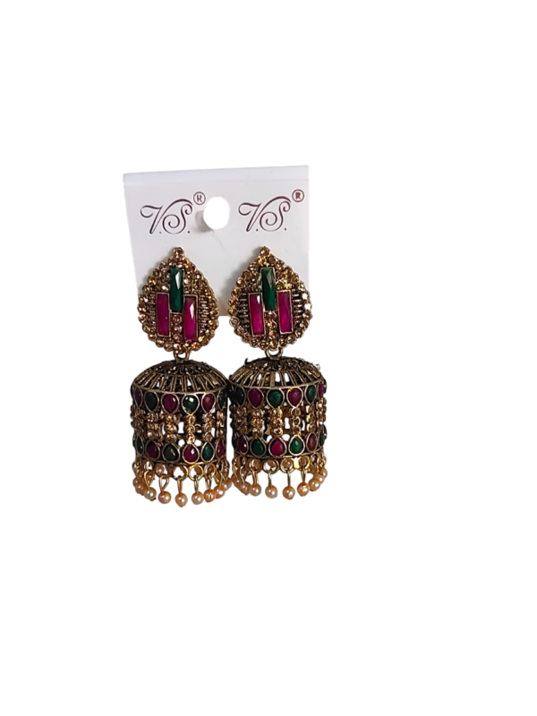 Multicolored Traditional Jhumka Ear rings, Crystal Studded, Hexagonal Design with Beaded Drops