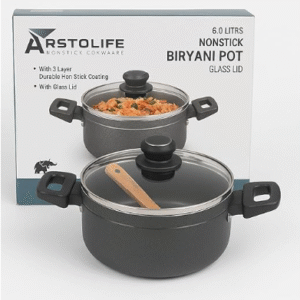 Arstolife Nonstick Biryani Pot, 6.0 litres, Triple Layer Coating, Glass Lid, Aluminium, Black