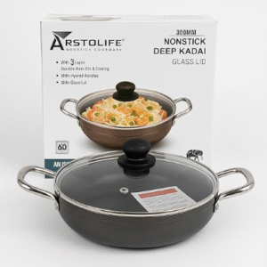 Arstolife Non-Stick Deep Kadai, 28 cm, Black with Glass Lid, 3 Layer Coating, Gas Stove Compatible