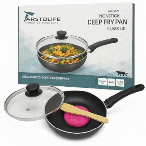 ARSTOLIFE 240mm Nonstick Deep Fry Pan with Glass Lid, Induction Compatible, Gas Stove Compatible, Black
