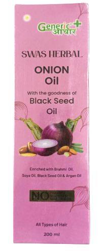Swas Herbal Onion Oil with Black Seed Oil, Enriched with Brahmi, Soya and Argan Oil, For All Hair Types, 200 ml
