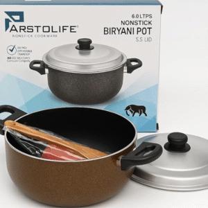Aristolife Non-Stick Biryani Pot, 6.0 litres, Aluminium Cookware with SS Lid, Triple Layer Coating, Black