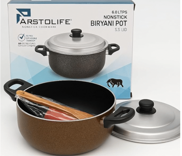 Aristolife Non-Stick Biryani Pot, 6.0 litres, Aluminium Cookware with SS Lid, Triple Layer Coating, Black