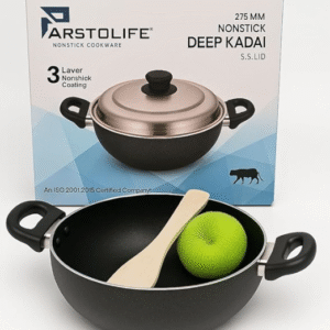 Aristolife Deep Kadai with SS Lid, 275mm, 3-Layer Non-Stick Coating, Black, Wooden Spatula