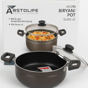 Arstolife Biryani Pot, 4 litres, Non-Stick Cookware with Glass Lid, 3-Layer Coating