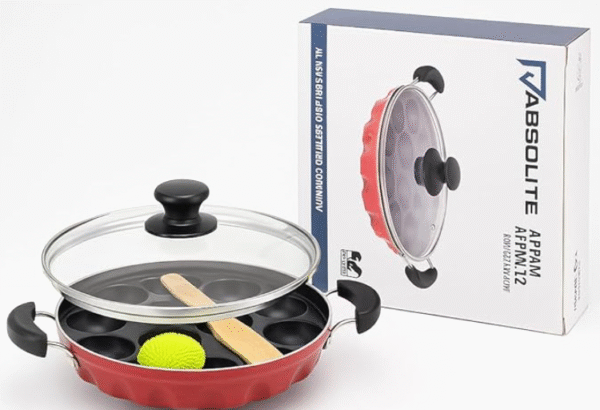 Arstolife Non-Stick Appam Pan, 12 Pit Traditional Cookware with Glass Lid, Wooden Spatula and Cleaning Sponge, Red