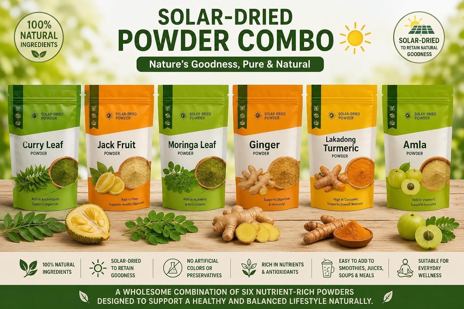 Solar-Dried Powder Combo Curry Leaf, Jack Fruit, Moringa Leaf, Ginger, Lakadong Turmeric, Amla powders